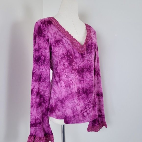 Y2K pink tie dye long sleeve top V-neck fairycore bell angel sleeves - Picture 5 of 14